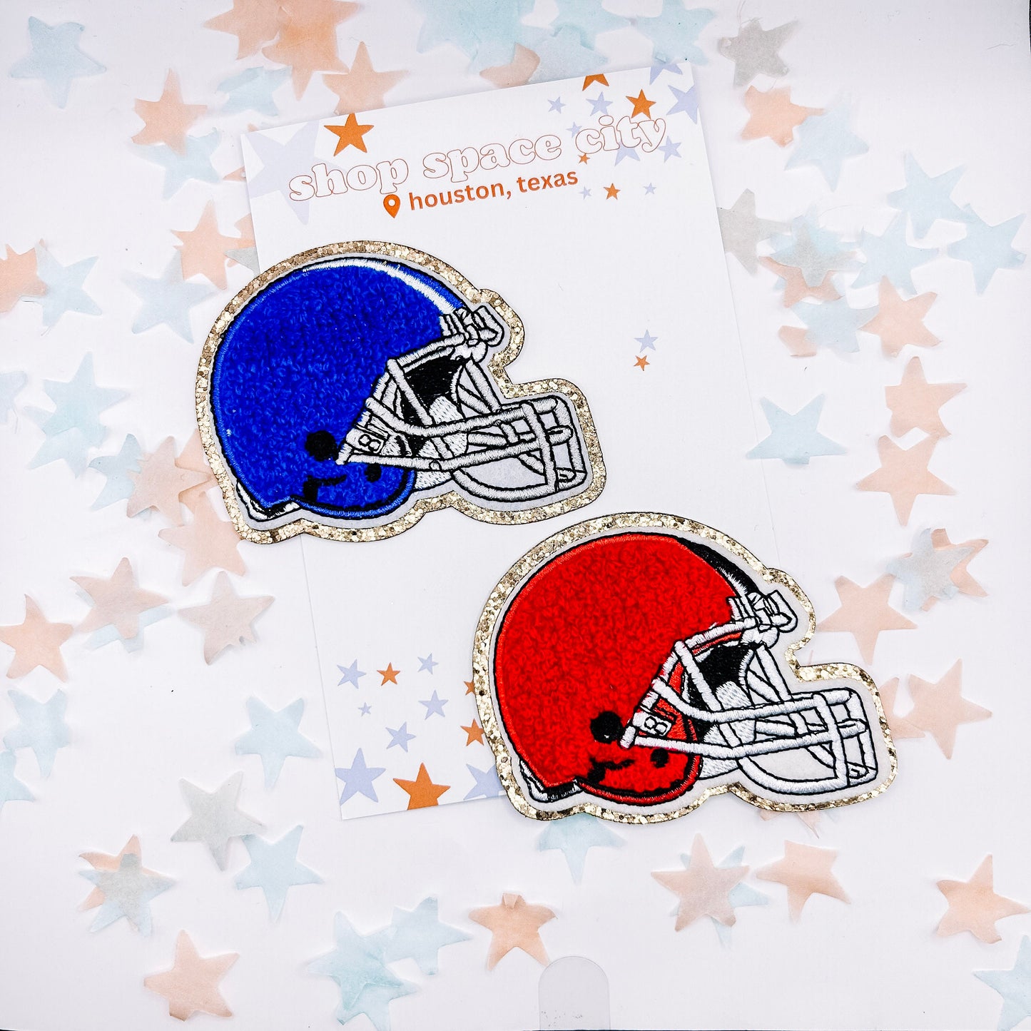 Football Helmet Chenille Patch + Gold Glitter Trim | Football Patch | Red | Blue