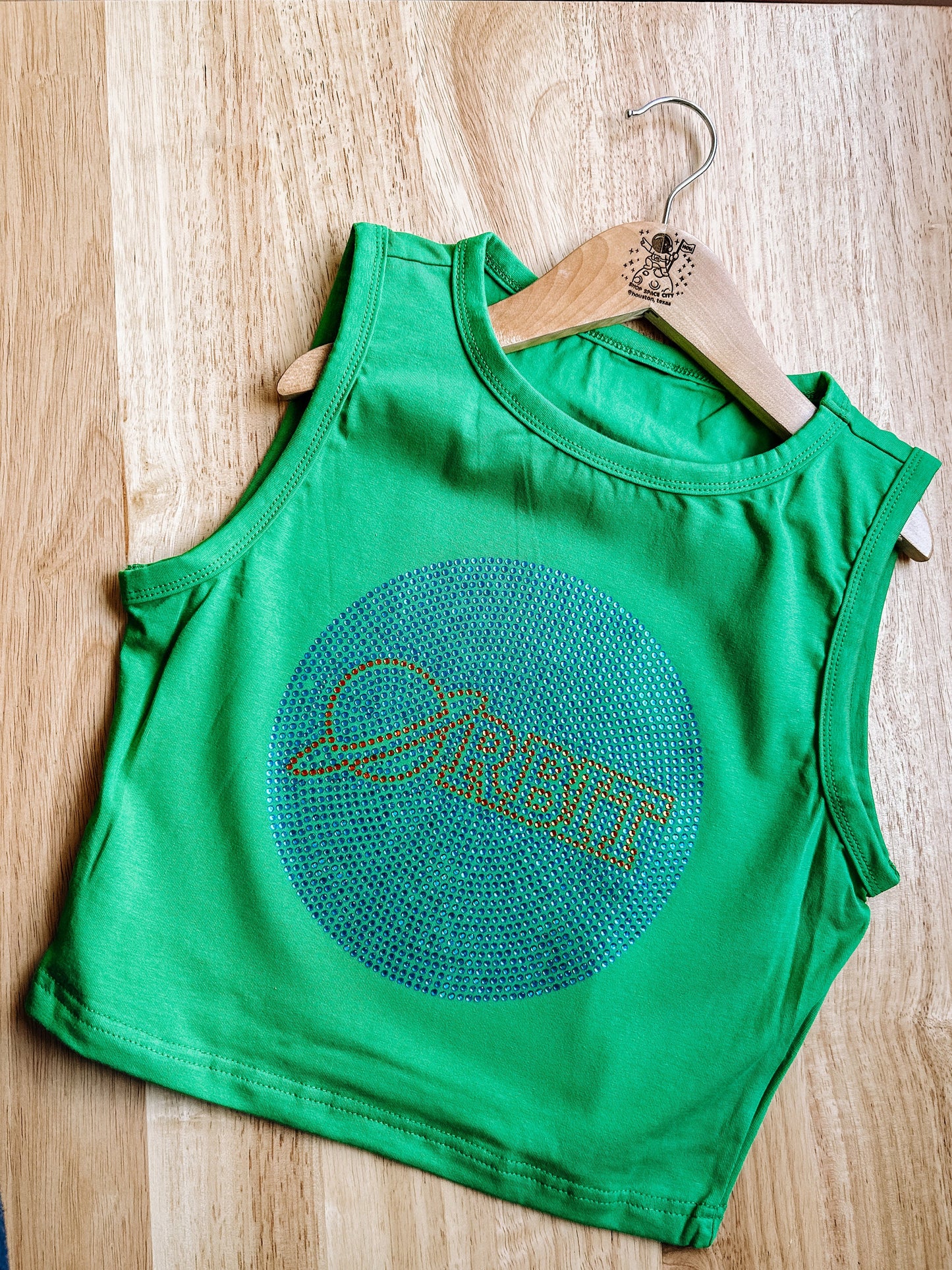 Green Crop Top with Houston Astros Orbit Bling Design