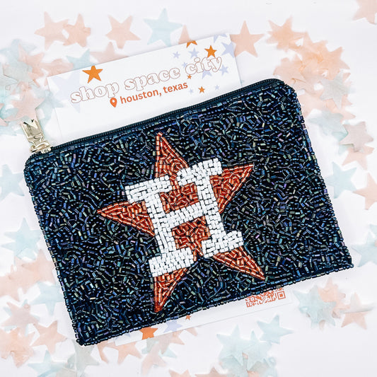 Houston Astros Hand Beaded Privacy Pouch | Houston Astros Bag | Wallet | Coin Purse | Satin Backing Zipper Closure